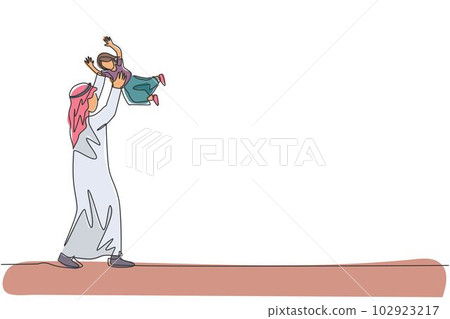One continuous line drawing of young Islamic dad playing and lifting his daughter up into the air. Happy Arabian loving parenting family concept. Dynamic single line draw design vector illustration 102923217