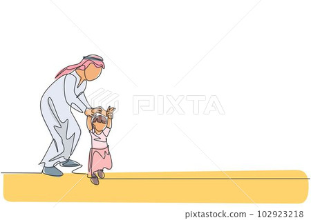 Single continuous line drawing of young Arabian dad holding his daughter's hand, teaching how to walk. Islamic muslim happy family fatherhood concept. Trendy one line draw design vector illustration 102923218