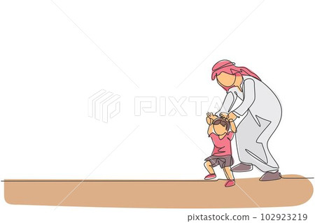Single continuous line drawing of young Arabian father holding his son's hand who learn to walk. Islamic muslim happy family fatherhood concept. Trendy one line draw design vector illustration Single continuous line drawing of young Arabian father holding his son's hand who learn to walk. Islamic muslim happy family fatherhood concept. Trendy one line draw design vector illustration 102923219