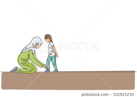 Single continuous line drawing of young Arabian mom help her son to tie shoelace before go to school, happy parenting. Islamic muslim family care concept. One line draw design vector illustration Single continuous line drawing of young Arabian mom help her son to tie shoelace before go to school, happy parenting. Islamic muslim family care concept. One line draw design vector illustration 102923230