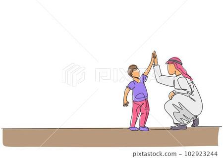 Single continuous line drawing of young Arabian boy give high five gesture to his dad, happy parenting. Islamic muslim family care, fatherhood concept. Trendy one line draw design vector illustration 102923244