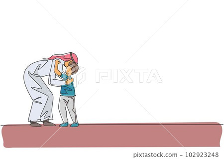 Single continuous line drawing of young Arabian father hug his son before go to school, happy parenting. Islamic muslim family care, hood concept. Trendy one line draw design vector illustration Single continuous line drawing of young Arabian father hug his son before go to school, happy parenting. Islamic muslim family care, hood concept. Trendy one line draw design vector illustration 102923248
