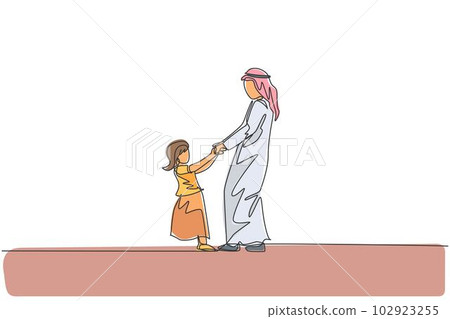 Continuous one line drawing of young Arabian father and daughter playing together at home. Happy Islamic muslim parenting family concept. Dynamic single line graphic draw design vector illustration 102923255