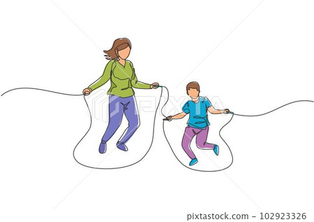 One continuous line drawing of young mother and his son train jumping with skipping rope at park near home. Happy family parenting concept. Dynamic single line draw graphic design vector illustration One continuous line drawing of young mother and his son train jumping with skipping rope at park near home. Happy family parenting concept. Dynamic single line draw graphic design vector illustration 102923326