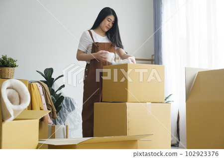 Modern female people in moving home apartment leisure indoor activity alone. 102923376
