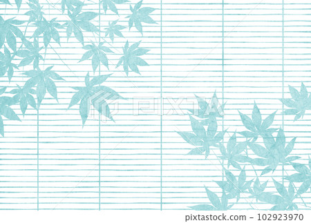 Summer greeting postcard with blue autumn leaves on blinds Horizontal blue 102923970