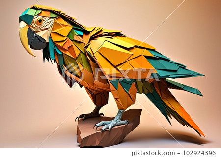 Image of paper origami art. Handmade paper macaw parrot. Birds. wildlife. Animals. illustration, generative AI 102924396