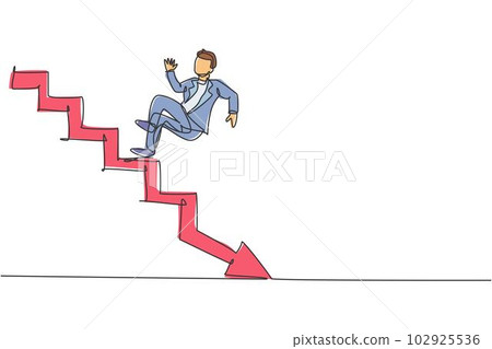 Single continuous line drawing of young business man slip down from up stairs to down floor. Broke professional businessman. Minimalism concept dynamic one line draw graphic design vector illustration 102925536