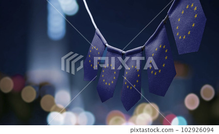 A garland of European Union national flags on an abstract blurred background 102926094