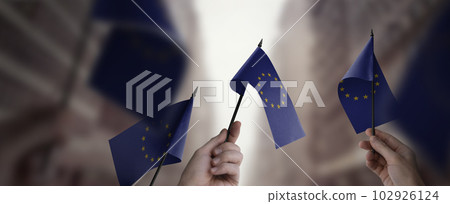 A group of people holding small flags of the European Union in their hands 102926124