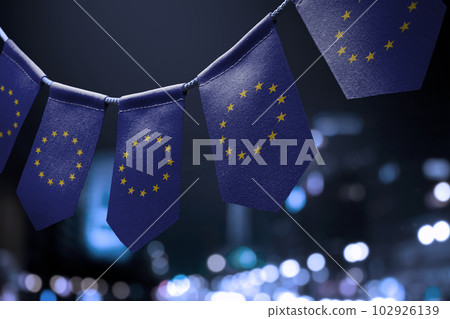 A garland of European Union national flags on an abstract blurred background 102926139