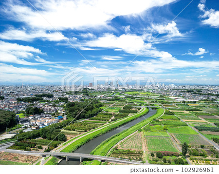 “埼玉縣”用無人機拍攝的夏日天空和沼澤稻田的景色 “埼玉縣”用無人機拍攝的夏日天空和沼澤稻田的景色 102926961