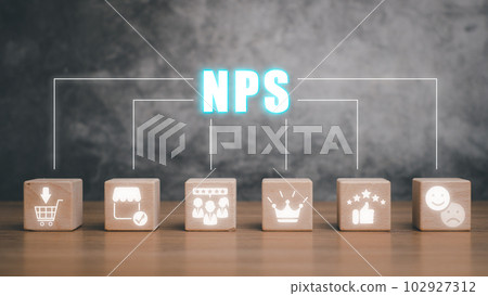 NPS, net promotor score concept, Wooden block on desk with net promotor score icon on virtual screen. 102927312