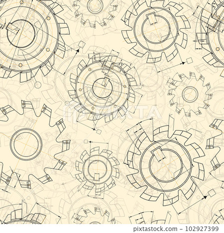 Mechanical engineering drawings on light background. Cutting tools, milling cutter. Technical Design. Cover. Blueprint. Seamless pattern. Vector illustration. Mechanical engineering drawings on light background. Cutting tools, milling cutter. Technical Design. Cover. Blueprint. Seamless pattern. Vector illustration. 102927399