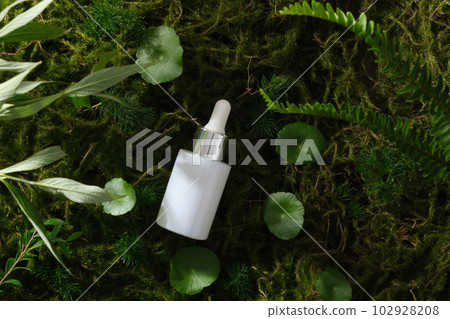 A white serum bottle with pipette unlabeled placed on forest background with moss, centella, fern and green leaf. Natural organic cosmetic concept. Mockup, space for design A white serum bottle with pipette unlabeled placed on forest background with moss, centella, fern and green leaf. Natural organic cosmetic concept. Mockup, space for design 102928208