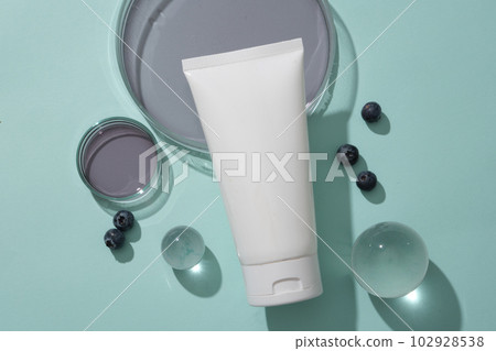 Petri dish containing purple liquid displayed with glass balls, blueberries and a tube. Blueberry (Vaccinium Corymbosum) is actually a multifunctional fruit that helps solve many issues for skin 102928538