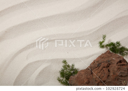 Top view of brown rock and green grass on beige sand background with wave pattern. Blank space for display product or text and design. Natural concept Top view of brown rock and green grass on beige sand background with wave pattern. Blank space for display product or text and design. Natural concept 102928724