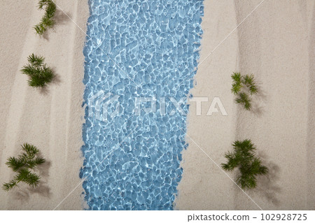 Top view of the natural scene with clear water, sandy shores and small green trees. Natural beauty concept, copy space. Top view of the natural scene with clear water, sandy shores and small green trees. Natural beauty concept, copy space. 102928725