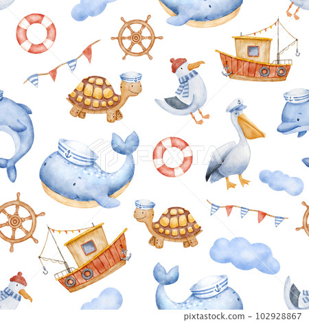 Cute watercolor nautical seamless pattern with sea animals characters and boat. Funny ocean background 102928867