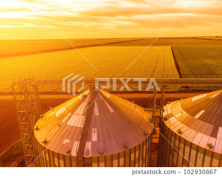 Grain silos on a green field background with warm sunset light. Grain elevator. Metal grain elevator in agricultural zone. Agriculture storage for harvest. Aerial view of agricultural factory. Nobody. Grain silos on a green field background with warm sunset light. Grain elevator. Metal grain elevator in agricultural zone. Agriculture storage for harvest. Aerial view of agricultural factory. Nobody. 102930867