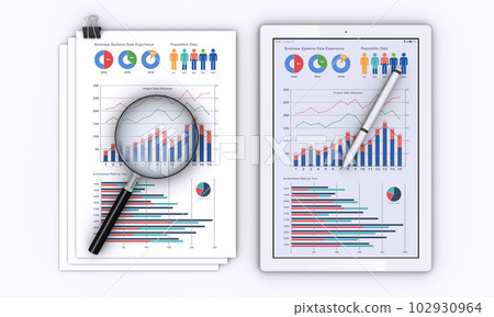 Tablet terminal displaying business materials and data, data analysis image 102930964