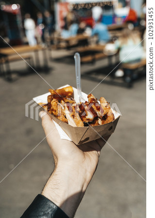Street food chicken on hipster market. Grill and barbecue food 102931455