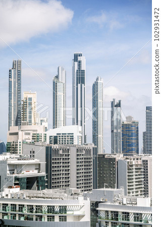 Cityscape with skyscrapers of the business center and the financial district. Economy, construction, business, urban concept. 102931472