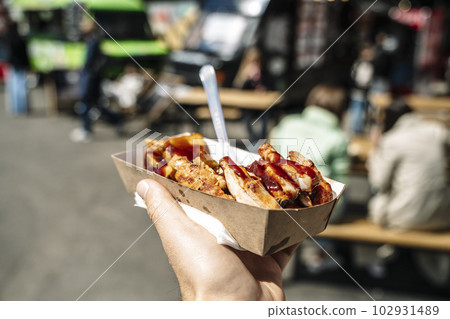 Street food chicken on hipster market. Grill and barbecue food 102931489