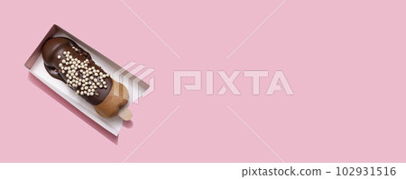 Banner Penis Shaped Waffle On Stick Flavored With Dark Chocolate, Decorated With White Air Corn Balls In Paper Box On Pink Background. Festival Street Food. Copy Space For Text. Horizontal, Flat Lay. Banner Penis Shaped Waffle On Stick Flavored With Dark Chocolate, Decorated With White Air Corn Balls In Paper Box On Pink Background. Festival Street Food. Copy Space For Text. Horizontal, Flat Lay. 102931516