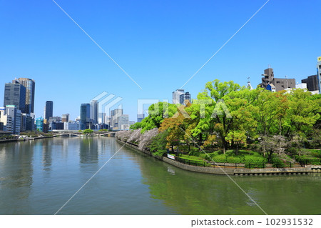 大川河沿岸盛開的櫻花樹和中之島的摩天大樓 大川河沿岸盛開的櫻花樹和中之島的摩天大樓 102931532