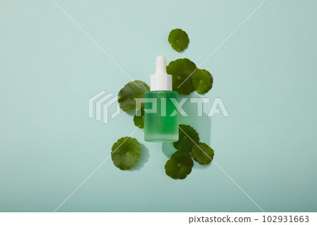 Top view of glass bottle with dropper cap containing green liquid displayed on fresh gotu kola leaves on blue background. Space for design and serum product presentation 102931663