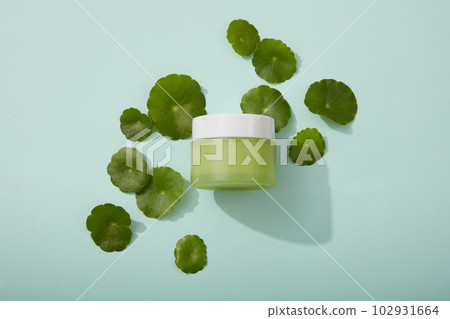 Mockup scene for cosmetic of gotu kola extract with cream jar and leaves on blue background. Gotu kola extract helps to fight inflammation, reduce heat, soothe, and prevent skin irritation. 102931664