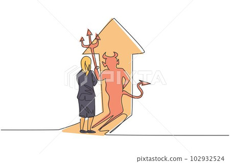 Continuous one line drawing of young female entrepreneur facing her devil shadow on the wall. Bad evil character worker minimalist concept. Trendy single line draw design vector graphic illustration Continuous one line drawing of young female entrepreneur facing her devil shadow on the wall. Bad evil character worker minimalist concept. Trendy single line draw design vector graphic illustration 102932524