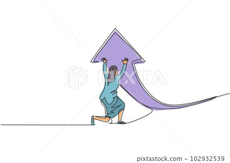 Single one line drawing of young smart businesswoman deflect arrow sign symbol to up direction. Business finance growth minimal concept. Modern continuous line draw design graphic vector illustration Single one line drawing of young smart businesswoman deflect arrow sign symbol to up direction. Business finance growth minimal concept. Modern continuous line draw design graphic vector illustration 102932539