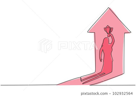 Continuous one line drawing shadow of young female entrepreneur lifting the trophy reflected on the wall. Success manager minimalist concept. Trendy single line draw design vector graphic illustration Continuous one line drawing shadow of young female entrepreneur lifting the trophy reflected on the wall. Success manager minimalist concept. Trendy single line draw design vector graphic illustration 102932564