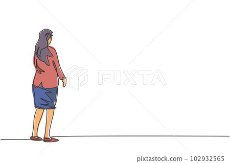 Single continuous line drawing of young beauty businesswoman pose standing and looking back to wall. Professional worker. Minimalism concept dynamic one line draw graphic design vector illustration Single continuous line drawing of young beauty businesswoman pose standing and looking back to wall. Professional worker. Minimalism concept dynamic one line draw graphic design vector illustration 102932565