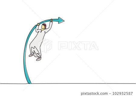 Single one line drawing of young attractive Arabic male entrepreneur jumping high using pole vault. Business leap growth minimal concept. Modern continuous line draw design graphic vector illustration 102932587