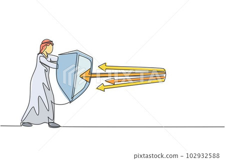Continuous one line drawing young Arabic male worker protect threat using shield, metaphor. Success business strategy minimalist concept. Trendy single line draw design vector graphic illustration 102932588