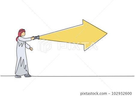 Continuous one line drawing young Arab male manager arrow light the way using flashlight. Success business forward path minimalist concept. Trendy single line draw design vector graphic illustration Continuous one line drawing young Arab male manager arrow light the way using flashlight. Success business forward path minimalist concept. Trendy single line draw design vector graphic illustration 102932600