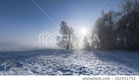 Winter frozen and snowy landscape at sunrise Winter frozen and snowy landscape at sunrise 102932752