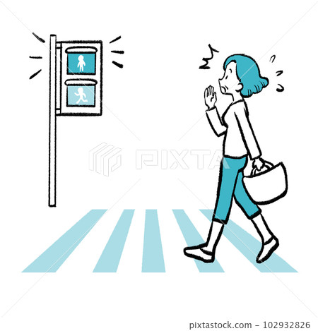 A hand-drawn illustration of a grandmother who is in a hurry because the traffic light is about to turn red A hand-drawn illustration of a grandmother who is in a hurry because the traffic light is about to turn red 102932826