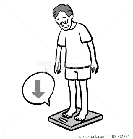 Handwritten style monochrome illustration of a grandpa who loses weight and is depressed 102932835