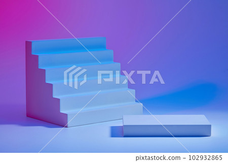 Scene for advertising and branding product with copy space - an empty podium and small stairway decorated on gradient background. Minimal concept Scene for advertising and branding product with copy space - an empty podium and small stairway decorated on gradient background. Minimal concept 102932865