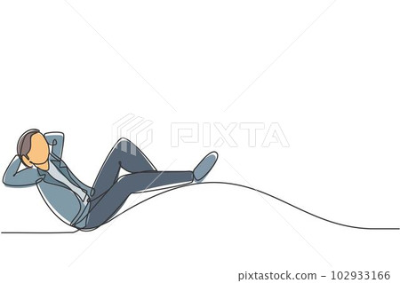 Single one line drawing of young smart male employee relaxing and relaxing. Businessman take a rest minimal concept. Modern continuous line draw design graphic vector illustration 102933166