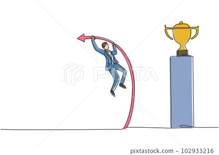 Continuous one line drawing young handsome male worker jumping using pole vault to reach trophy. Success business manager minimalist concept. Trendy single line draw design vector graphic illustration 102933216