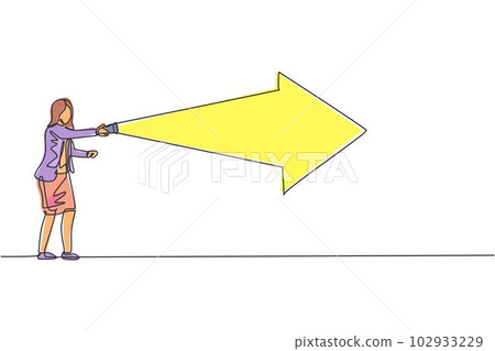Single one line drawing of young smart business woman turn on flashlight into forward arrow light. Business sales focus minimal concept. Modern continuous line draw design graphic vector illustration Single one line drawing of young smart business woman turn on flashlight into forward arrow light. Business sales focus minimal concept. Modern continuous line draw design graphic vector illustration 102933229