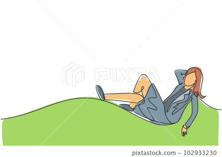 Continuous one line drawing young female investor sleeping relax at office to enjoy the life. Success business investment minimalist concept. Trendy single line draw design vector graphic illustration Continuous one line drawing young female investor sleeping relax at office to enjoy the life. Success business investment minimalist concept. Trendy single line draw design vector graphic illustration 102933230