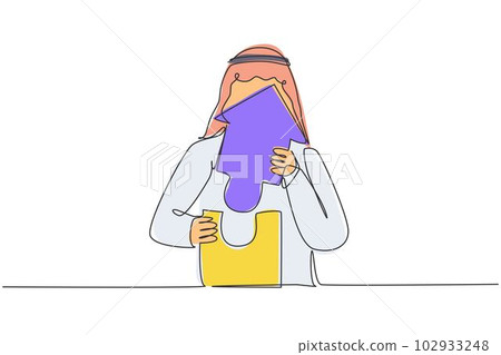 Single one line drawing of young attractive Arabian male entrepreneur build puzzle pieces into building. Business growth minimal concept. Modern continuous line draw design graphic vector illustration 102933248