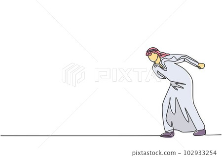 Single continuous line drawing of young Arab businessman walking with his hunchback body. Struggling professional manager. Minimalism concept dynamic one line draw graphic design vector illustration Single continuous line drawing of young Arab businessman walking with his hunchback body. Struggling professional manager. Minimalism concept dynamic one line draw graphic design vector illustration 102933254