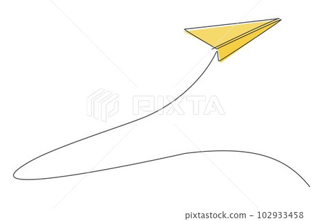 Single one line drawing of paper airplane flying high up to the sky on white background. Paper air craft origami kids game concept. Modern continuous line draw design graphic vector illustration 102933458